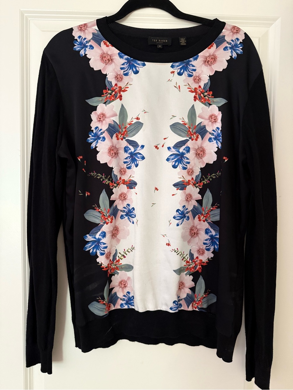 Ted Baker Black Ribbed-Neck Floral Panel Top